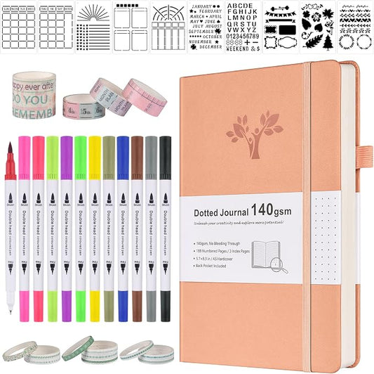 Bullet Dotted Journal Kit, 140gsm Dot Grid Notebook with 188 Numbered Pages