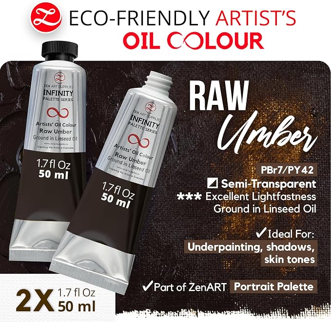 ZenART Professional Oil Paint Set - Artist Grade Raw Umber - 2x50ml | Non-Toxic, Buttery Consistency, Rich Pigment, Lightfast Oil Paints for Primed Surface Canvas, Fine Art, Portraits & Landscape