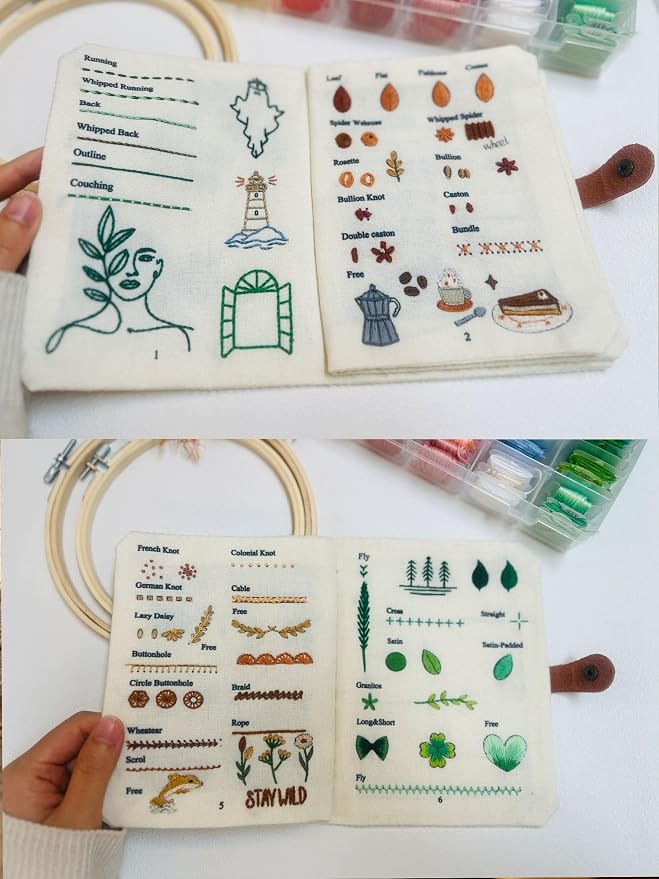 Linhao Jew Embroidery Stitch Book Kit for Beginners, Embroidery Starter Set for Adults DIY Hand Sewing Kits with Threads&Tools，Step-by-Step Video Tutorials