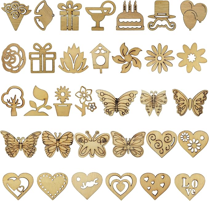 DIYOMR 200Pcs Hollow Wood Pieces Unfinished Wooden Vintage Embellishments Decorative Accessories for Graffiti Home Decor DIY Scrapbooking Handmade Crafts (Mix)