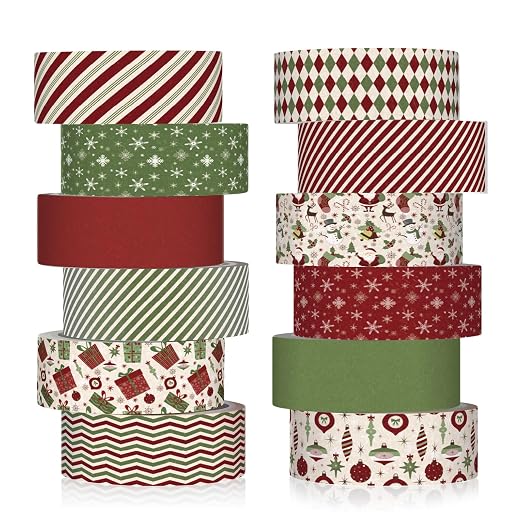 12 Rolls Vintage Washi Tape Set,Red and Green,Christmas | Vinatge Striped Santa Gifts Design for Xmas Scrapbook Journal DIY Craft Supplies, 15 mm Vintage Decorative Masking Washi Tape