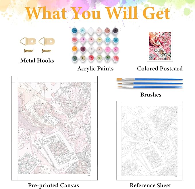 Paint by Numbers Kit for Adults, Pink Cocktail & Playing Cards, 16x20 Inch