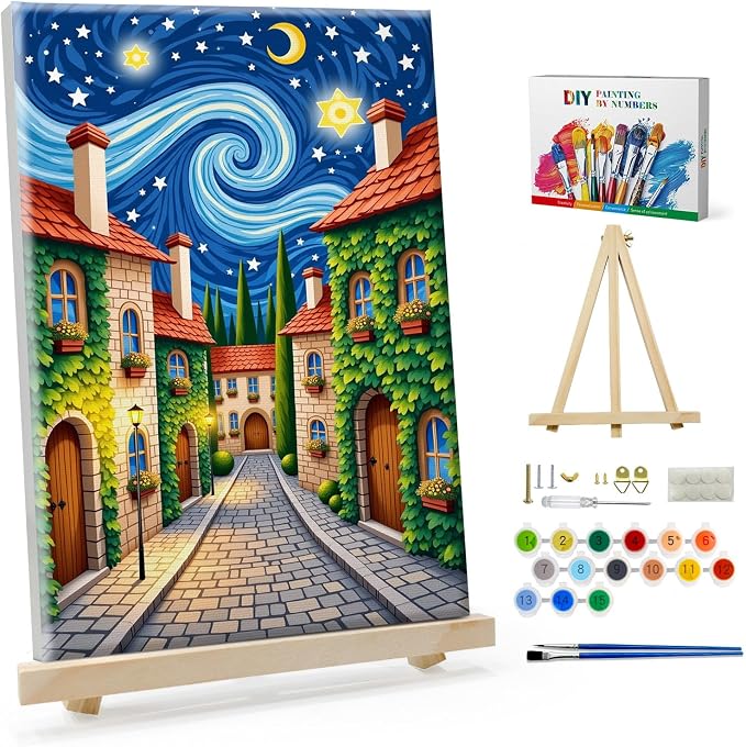 SparkGlow Starry Night Framed Paint by Number Kits for Adults, 8×12 Inch | Landscape Painting by Number, Include Easel, Premium Canvas, Number Painting for Gift, Home Decor, Relaxing and Enjoyable