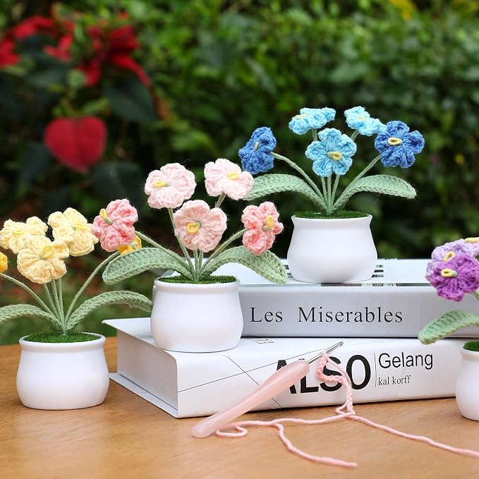 Forget-Me-Not Crochet Flower Potted Plant, Handmade Pink Flower Gift for Mom, Wife, Grandma, Mother’s Day Gift, Cute Desk Decor, Birthday Gift for Women Cute Desk Decor Floral Home Decoration