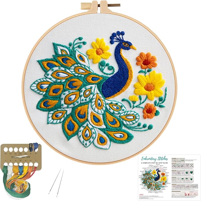 Louise Maelys Embroidery Kit for Beginners Peacock Floral DIY for Adults | Pre-Printed Fabric, Hoop, Threads, Needles, Guide Included for DIY Crafting. Enjoy Cross Stitch Kits. Explore Needlepoint Kit