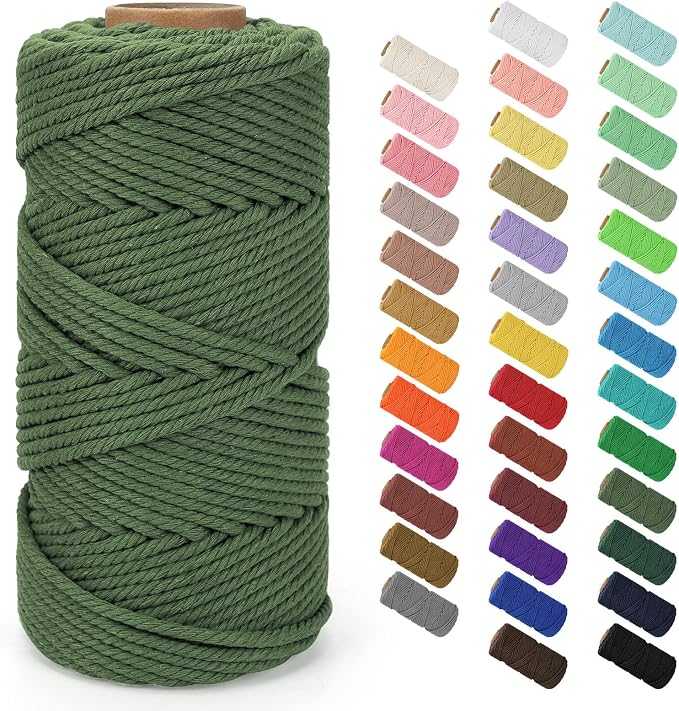 Macrame Cord 4mm x 109Yards (328Feet), Natural Cotton Macrame Rope - 4 Strands Twisted Macrame Cotton Cord for Wall Hanging, Plant Hangers, Crafts, Gift Wrapping and Wedding Decorations, Army Green