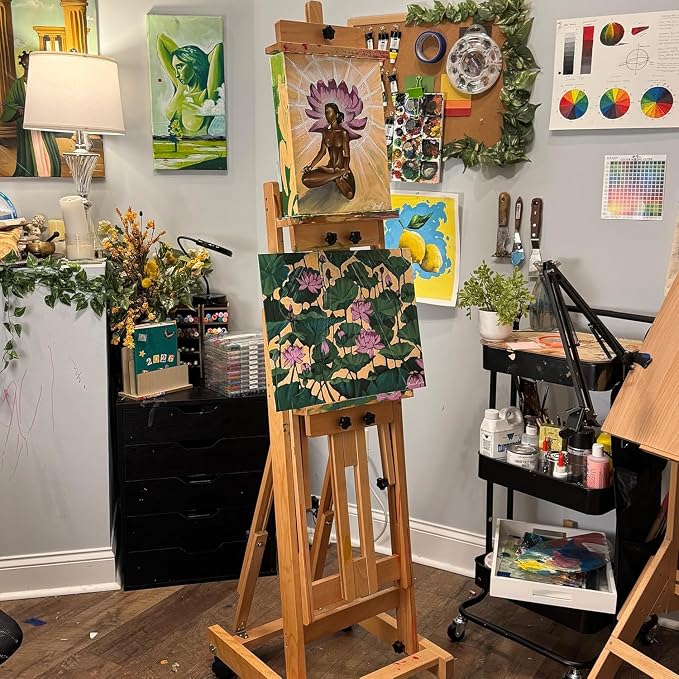 PHOENIX Versatile Studio H-Frame Easel - Solid Beech Wood with Locking Casters, Adjustable Angle & Height, Heavy Duty Canvas Holder with Storage Tray for Professional Artists - Dark Walnut