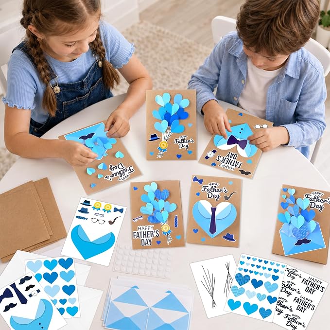 Yomjress 24 Sets Father's Day DIY Card Making Kit 3D Heart Tie Trophy Greeting Cards with Envelope Stickers Fathers Day DIY Card Crafts for Gifts Exchange Best Dad Daddy Papa Party Favors
