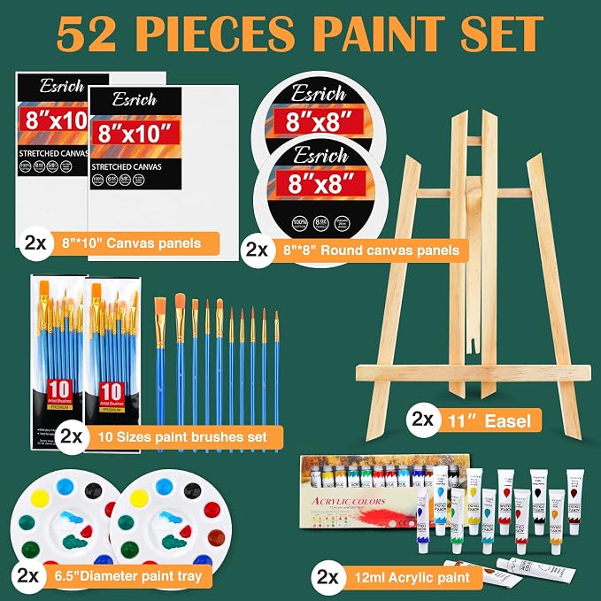 ESRICH Acrylic Paint Canvas Set, 52 PCS Painting Supplies Kit | 2 Wood Easel, 2 * 12 Colors, 20 Brushes, Circular Canvas, Paint Kit for Kids, Students, Artists and Beginner