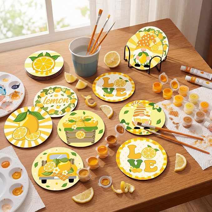 Reallnaive 8 Pcs Lemon Paint by Numbers Kit for Adults Wooden Coasters | Mini Paint by Numbers, Tiny Yellow Gnome Round Oil Painting Drink Coaster with Holder, for Small DIY Craft Birthday Gift