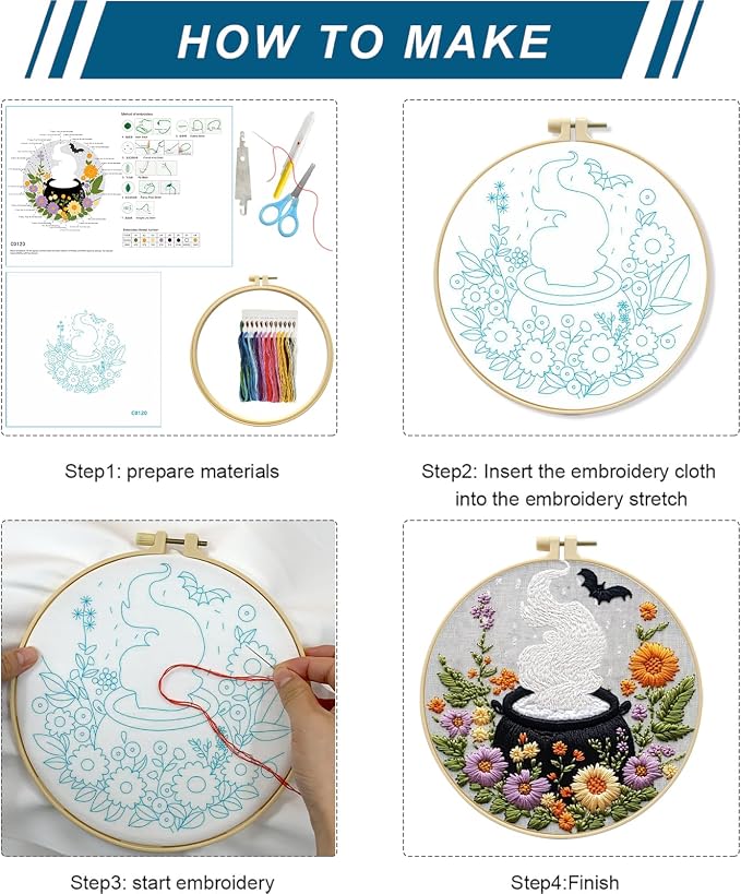 Zhenqing 4-Piece Halloween Embroidery Kit for Beginners - Spooky Ghost, Witch Hat, Black Cat & Cauldron Designs with Pre-Printed 29x29cm Cotton Fabric, Hoop, Threads & Tools(C0165)