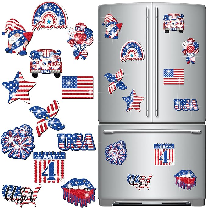 Zonon 12 Pcs 4th of July Diamond Painting Magnets Kit DIY American Flag Diamond Art Fridge Magnets for Adults Patriotic Independence Day Magnetic Stickers Home Decorations