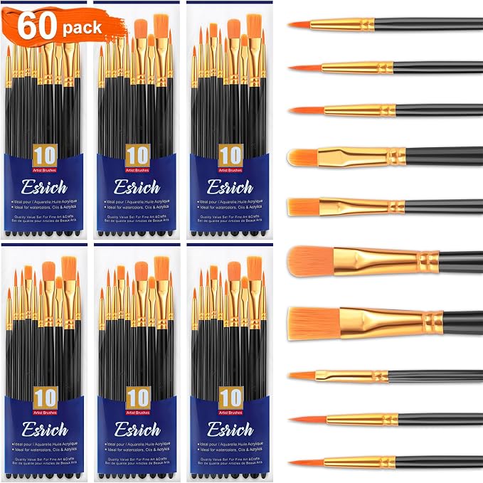 ESRICH 60PCS Paint Brushes, Paint Brush for Acrylic Painting | Artist Paintbrushes for Oil Watercolor, Body Face Rock Canvas, Small Paint Brushes for Kids, Black