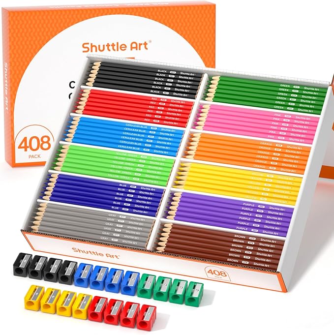 Shuttle Art Colored Pencils Bulk, 408 Pack Coloring Pencil Set Plus 20 Sharpeners, 12 Assorted Colors, Classroom Pack School Supplies