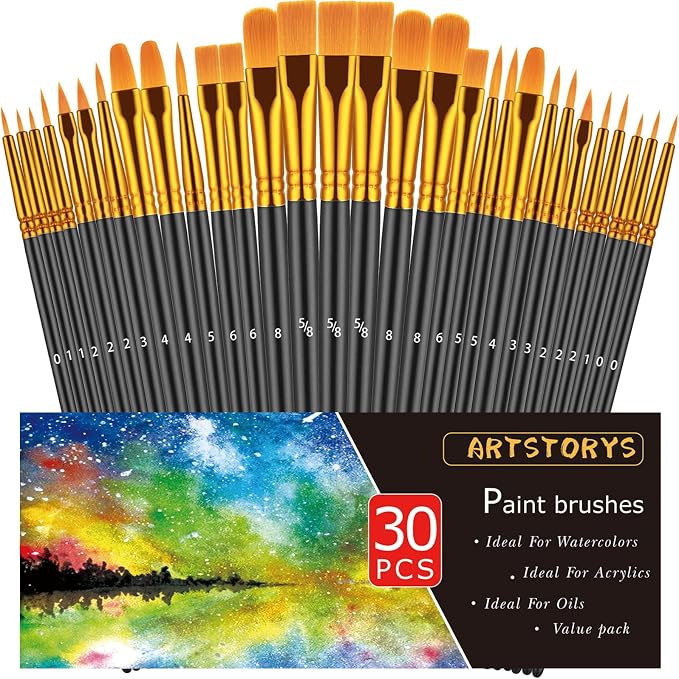 Artstorys Paint Brushes Set, 30 Pcs Acrylic Oil Watercolor Painting Brushes | Artist Paintbrushes (Nylon Hair Wood Handles) for Adult Drawing, Great for Face, Rock & Canvas, Arts Craft Supplies, Black