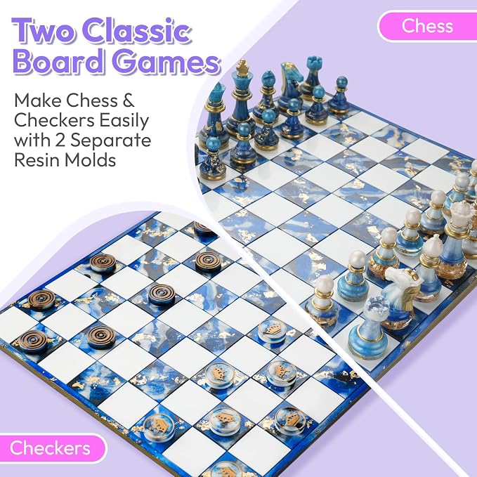HeyClear Chess Set Resin Molds, Chess Board Silicone Molds & 16PCS 3D Full Size Chess Checkers, Chess Molds for DIY Chess Board Game