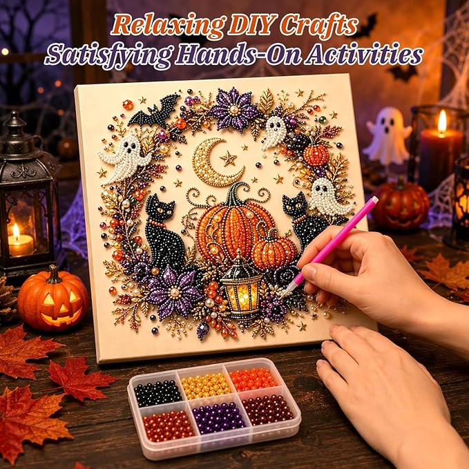 Halloween Ghost Pearl Art DIY Kit,Cute 3D Pearl Mosaic Craft Set for Adults & Beginners,Spooky Ghost Pumpkin Canvas Art for Fall Home Decor,Wall Art for Gift