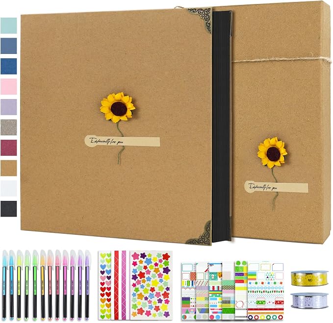 Vienrose DIY Scrapbook Photo Album Kit with Stickers, Pens, Tapes, 60 Pages Hardcover Memory Book, 12x12 Inch 3 Ring Binder with Black Pages, Guest Book Gift for Wedding, Travel & Anniversary Khaki | 30 Sheets,Hardcover,3-Ring Removable Black Paper,Pen...