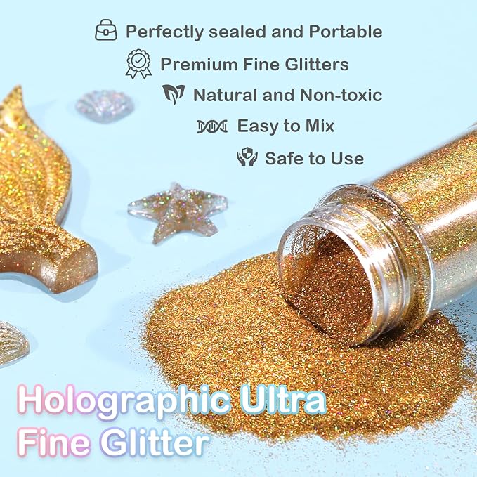 HTVRONT Gold Glitter for Crafts and Arts- 1.7oz/50g Fine Glitter Powder | Holographic Craft Glitter for Resin, Jewelry, Keychains, Paint, Candle, Slime Add Ins, Cosmetic Glitter for Nail Body
