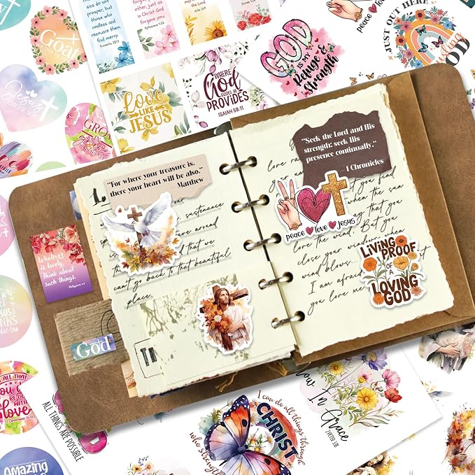 PRSTINCOL Bible Verse Stickers Book, 28 Pages 353 Pcs Religious Scripture Journaling Supplies for Women Water Bottles Journals