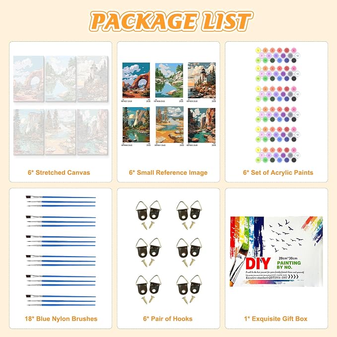 KEYIFA 6 Pack Paint by Numbers Kit, Stretched Canvas Boards for Painting for Adults, No Crease Acrylic Oil Painting for Students Beginners Favor Sip & Paint Party Supplies, Natural Landscape (8x12)