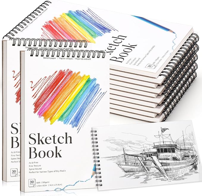 12 Pack Small Sketch Books, 5.5 × 8.5 in, Spiral Bound, 100gsm | Acid-Free 30 Sheet Pads, Micro-Textured Paper, Flat-Lay Top Spiral, for Kids, Beginners & Artists