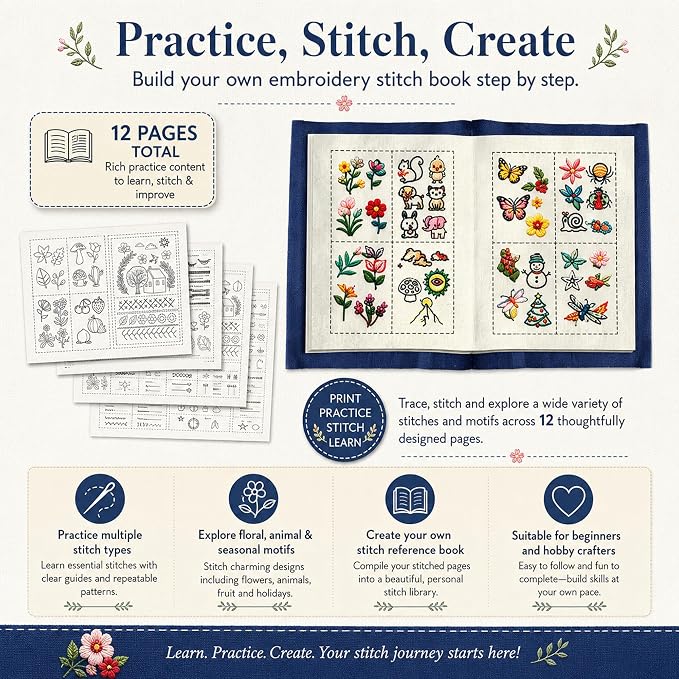 Zhenqing Embroidery Stitch Kit for Beginners, Stitch Practice Sampler Book with 200+ Patterns, Pre-Printed Fabric, Hoop, Threads, Needles & English Guide, DIY Needlework Learning Set