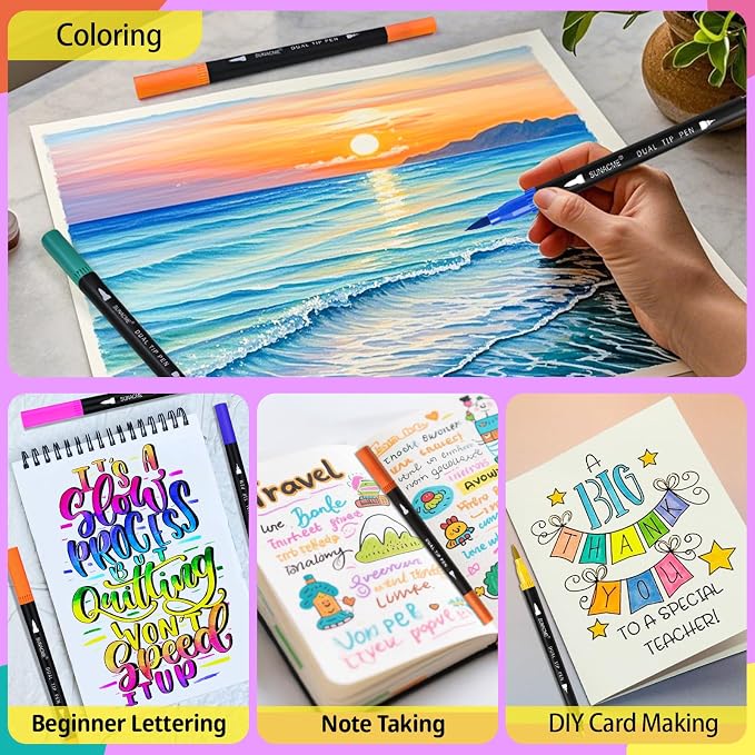 sunacme 36 Colors Dual Brush Marker Pens, Art Marker Set with Brush and Fineliner Tip for Adults Coloring Books, Journaling, Note Taking