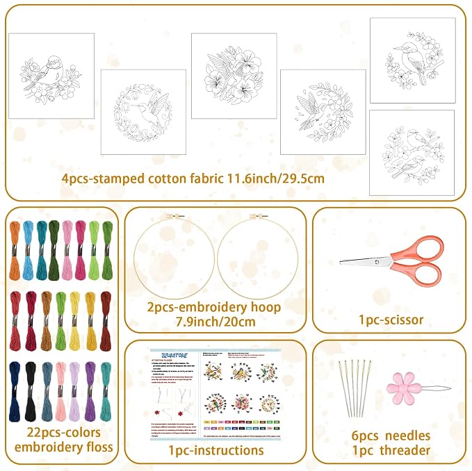 BEUNITONE 6 Set Embroidery Kit for Beginner Adults, Hummingbird & Flower Cross Stitch Set with Stamped Pattern Hoops Threads Cloth Needles, Embroidery Starter Kit for Home Decoration and Gifting
