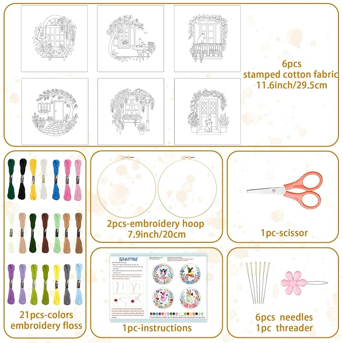 BEUNITONE 6 Set Flowers Embroidery Kit for Beginners Vintage Garden Scene Pre-Stamped Pattern, Needlepoint Kits for Adults Beginners, DIY Handmade Embroidery for Home Decor and Gifts 20x20cm