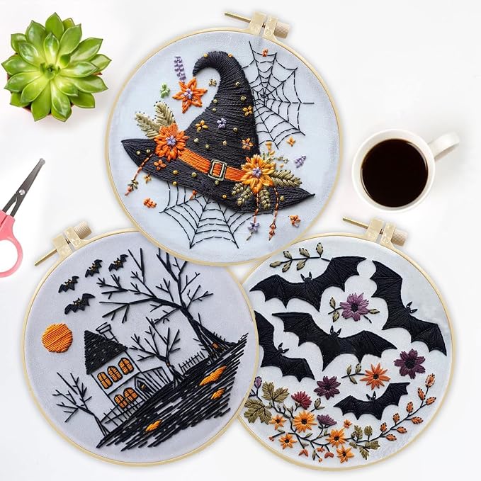 LB Black and White Halloween Embroidery Kit for Beginner Adults