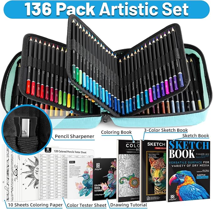 136 PCS Colored Pencils Set for Adult Coloring Books, 120 Colored Pencils | with Sketchbook, Coloring Book, Sharpener, Tutorial, Color Chart, Soft Core Oil-Based, Ideal for Drawing Blending Shading