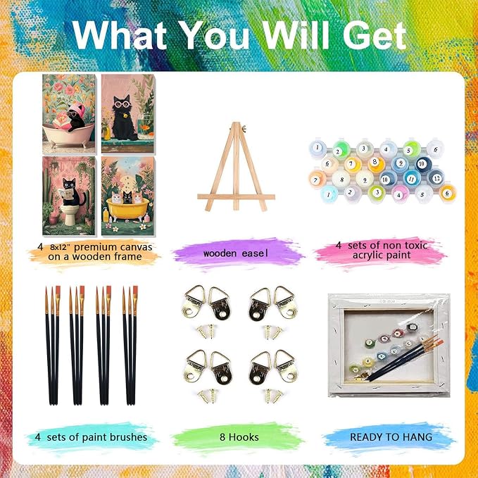 4 Pack Cat Paint by Numbers for Adults with Framed Canvas - Wooden Easel | Cat Paint by Number on Canvas, DIY Black Cat Acrylic Oil Painting Kits with Brushes for Home Wall Decor (8x12 inch)