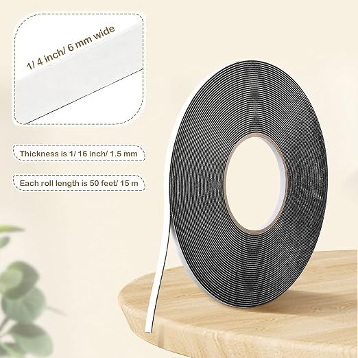 Tatuo 2 Rolls Double Sided Foam Tape for Mounting,1/4 Inch by 50 Feet,Black