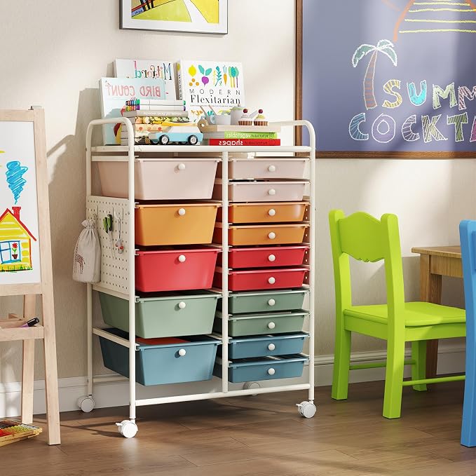 Giantex 15 Drawer Storage Cart, Rolling Craft Cart with Metal Tabletop & Pegboard, Mobile Utility Organizer Trolley with Locking Wheels, Home Office, Classroom, Teacher Supplies, Macaron Multicolor
