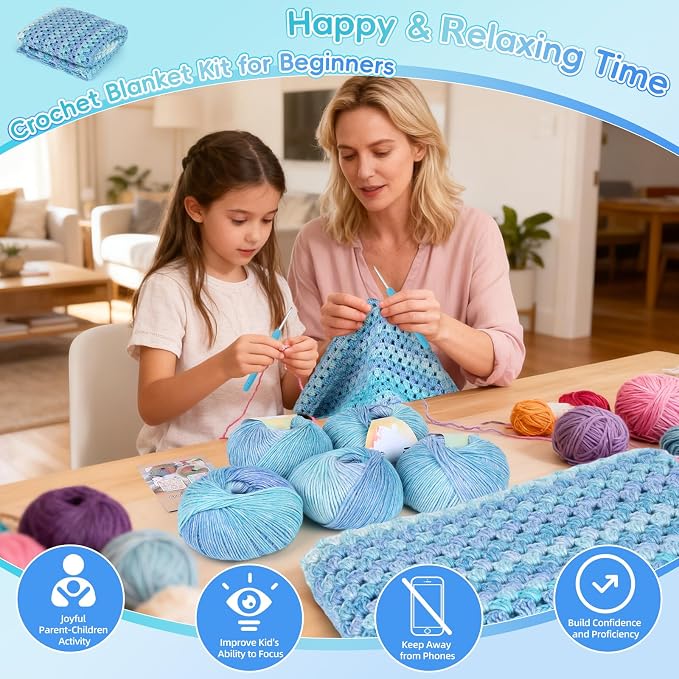 Aeelike Crochet Blanket Kit for Beginners, Easy Blanket Crochet Kits, Blue