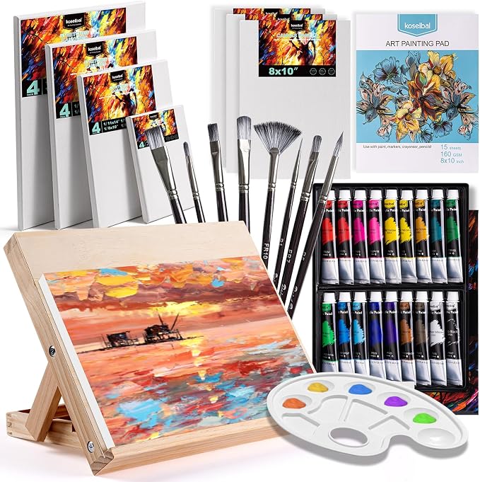 koseibal Acrylic Paint Set with Tabletop Easel and Canvas for Kids, Adults