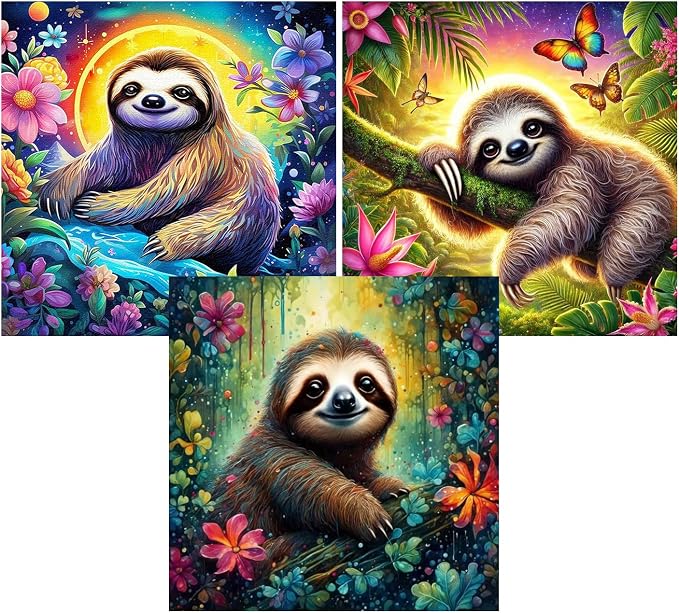 3 Pack Sloth Paint by Numbers Kit for Adults Framed Canvas, Frameworkless | Easy Adult Paint by Number Kits on Canvas DIY 3 Pack Sloth Painting for Beginners Art by Numbers for Home Wall Decor Gift