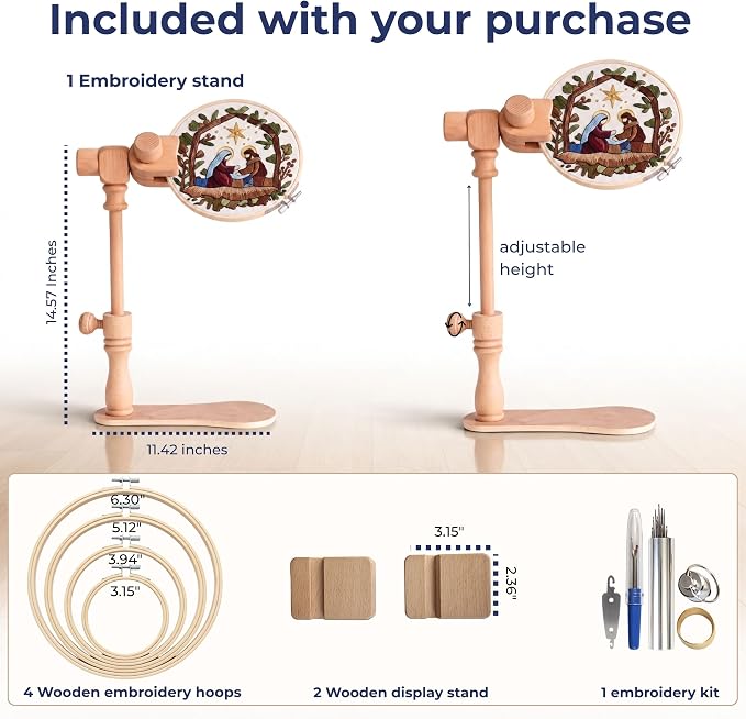 Embroidery Hoop Stand - 360 Degree Adjustable Sitting Embroidery Stand with Needle Tube- Versatile Cross Stitch Frame with Display Bases and Large-Eye Stainless Steel Needles