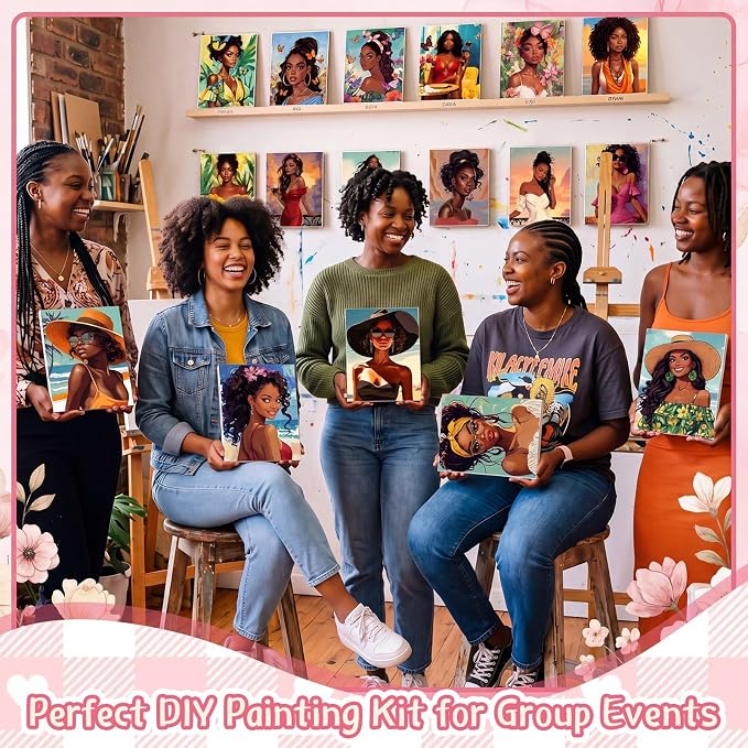 Blosssound 24 Pack Paint and Sip Kit African American Women Pre Drawn Canvas 5x7'' Afro Pre Printed Canvas Painting Kits with Easel Paint Pots Brushes Stretched Panels Gift Bulk for Party Birthday DIY