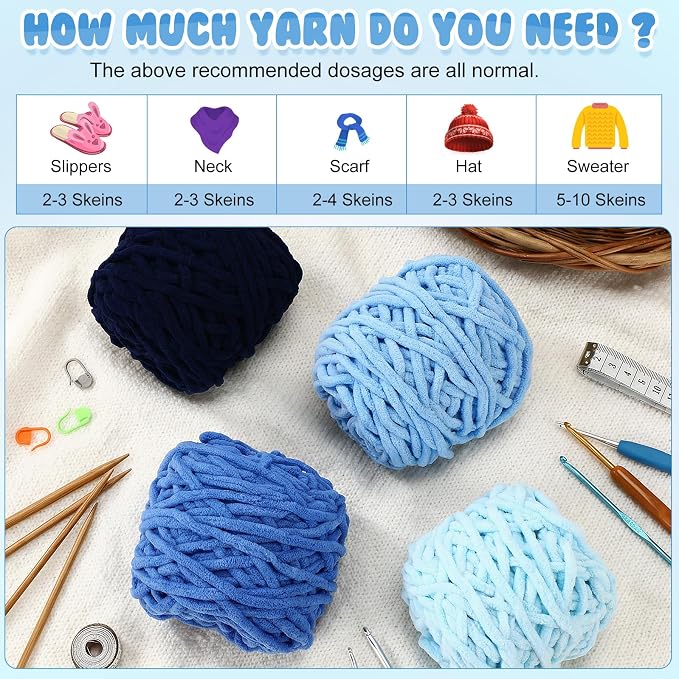 Buryeah 8 Pack Chunky Chenille Yarn for Crocheting (Blue Series)