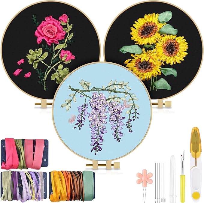 TINDTOP Embroidery Kit for Adult, Ribbon Embroidery Kit for Beginners | for Craft Lover Hand Stitch with Embroidery Skill Techniques (FLowers)