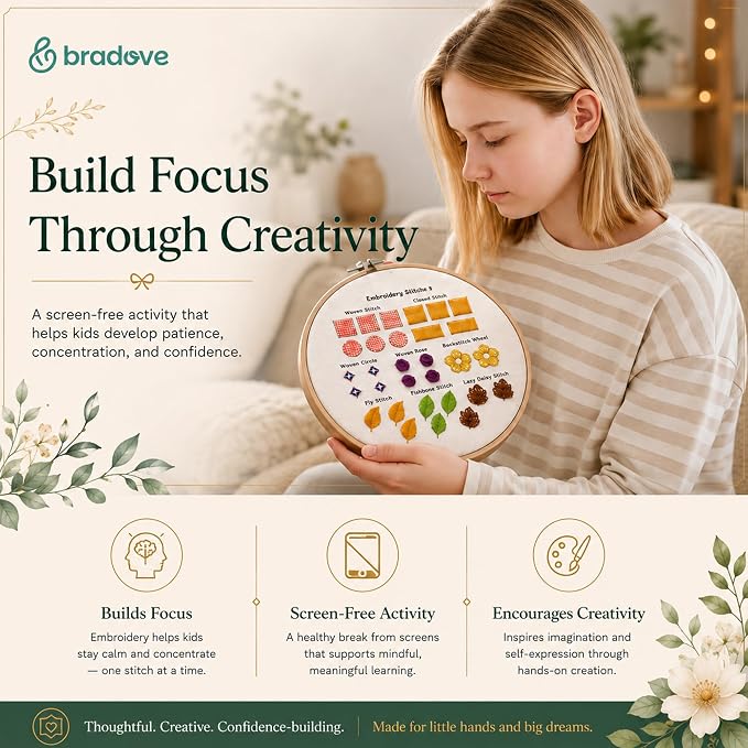 Bradove Classic Embroidery Learning Kit for Adults and Kids | Hand Embroidery Kit for Beginners with Patterns, Beginner Embroidery Kit for Adults, Stitches Practice, Learn to Embroider