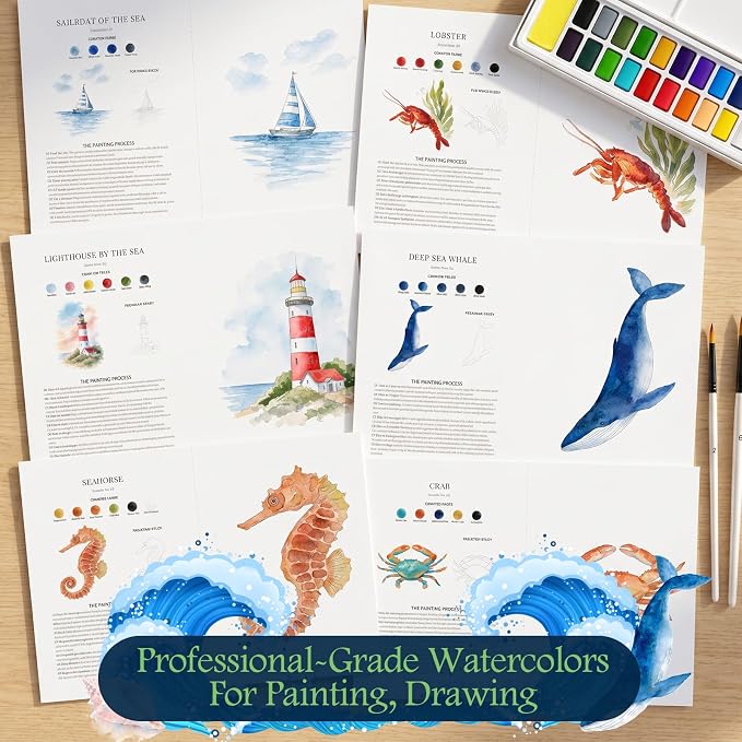 Watercolor Workbook for Beginners,18 Serene Seas Sceneries Water Coloring Book,Relaxing & Easy to Paint Water Coloring Book with 24 Colors-Perfect for Gifting to Creativity & Joy for Adults