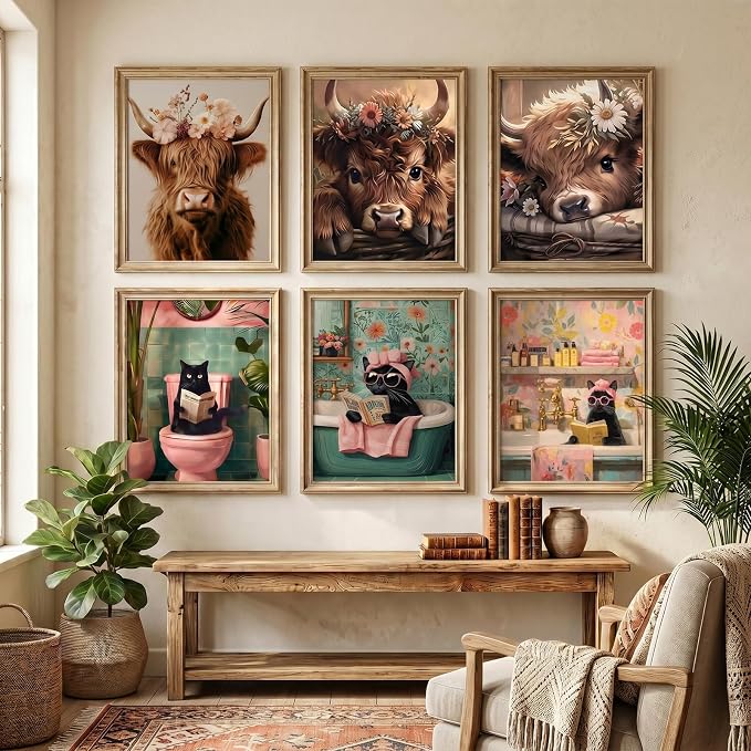 6 Pack 5D Highland Cow Black Cat Diamond Painting Kits 9.8x13.7 Inch