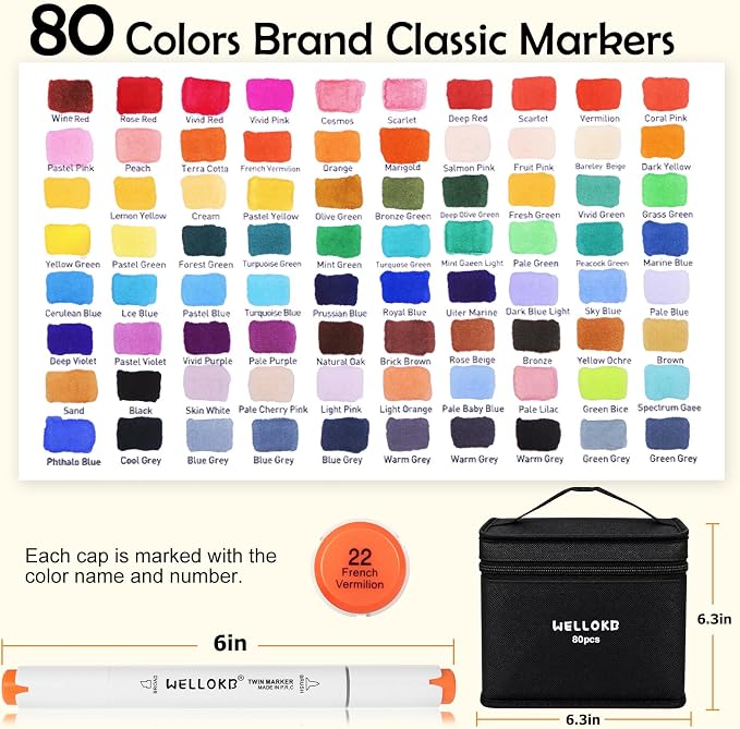 WELLOKB Alcohol Markers, 80 Colors Dual Brush Tip Double Tipped Art Marker Set for Artist Adults Coloring Illustrations for Book Painting, Card Making
