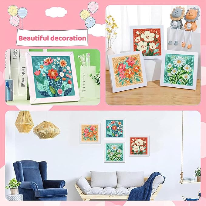 cviokrdu 4 PCS Diamond Art Kits for Kids, Flowers Diamond Art for Kids Ages 4 8 12, Flower Gem Art Kit Crafts Beginners for Gift Home Wall Decor (6x6inch)