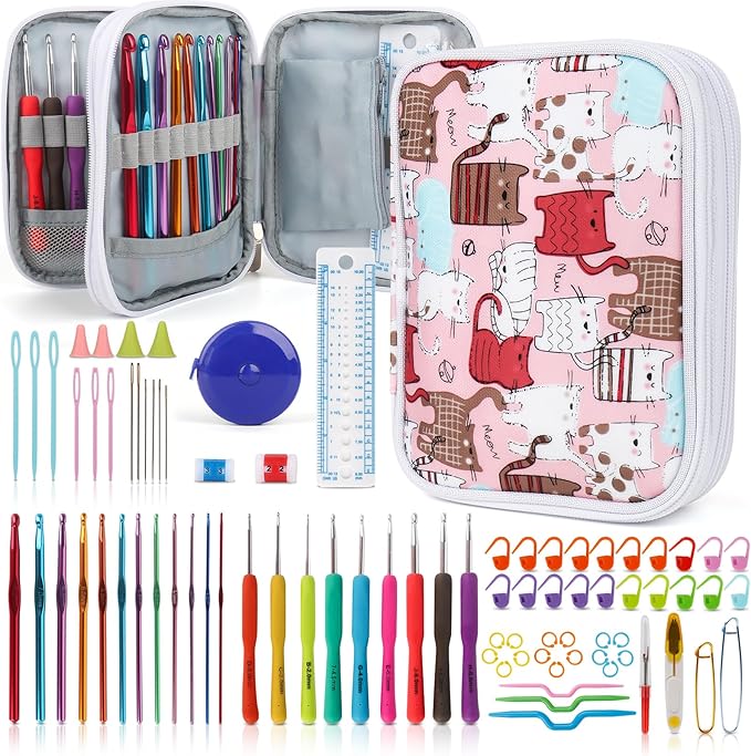 Katech Crochet Hooks Set with Case, Ergonomic for Comfortable Crocheting | 85 Pcs Metal Crochet Needles and Complete Crochet Accessories for Beginners and Experienced-Ideal Gift for Girls Mother