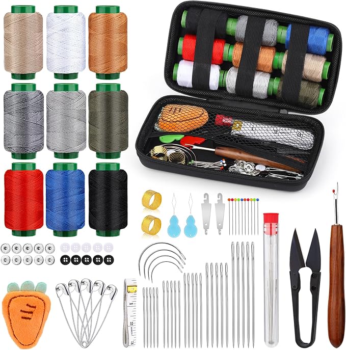 TLKKUE Sewing Kit, Travel Sewing Kit with Upholstery Threads and Needles | Hand Sewing Needles Curved Needle Seam Ripper, Needle and Thread Kit for Sewing Repair Clothing DIY (9 Colors Thread)