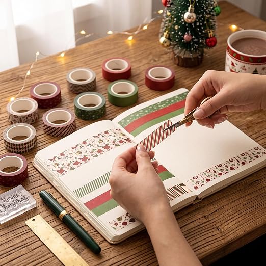 12 Rolls Vintage Washi Tape Set,Red and Green,Christmas | Vinatge Striped Santa Gifts Design for Xmas Scrapbook Journal DIY Craft Supplies, 15 mm Vintage Decorative Masking Washi Tape